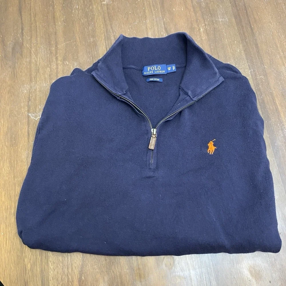 Polo Ralph Lauren Quarter Zip Pullover Mens 2XB Navy Blue Pima Cotton Sweater